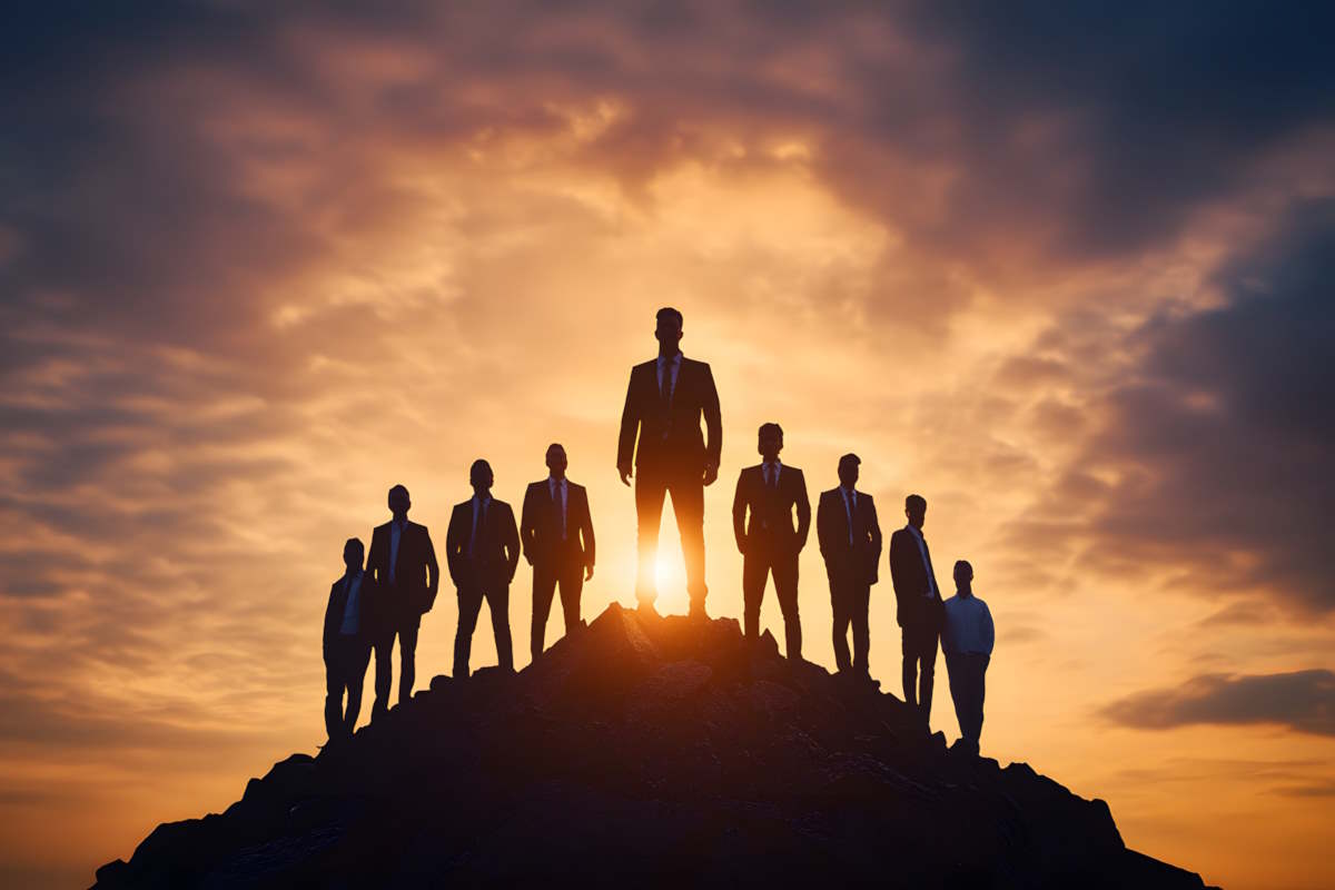 silhouettes-businessmen-standing-mountaintop-sunset
